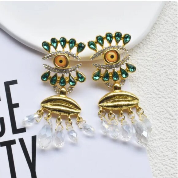 Schiaparelli Inspired Statement Earrings Gold Tone Runway Long Big - Picture 2 of 4